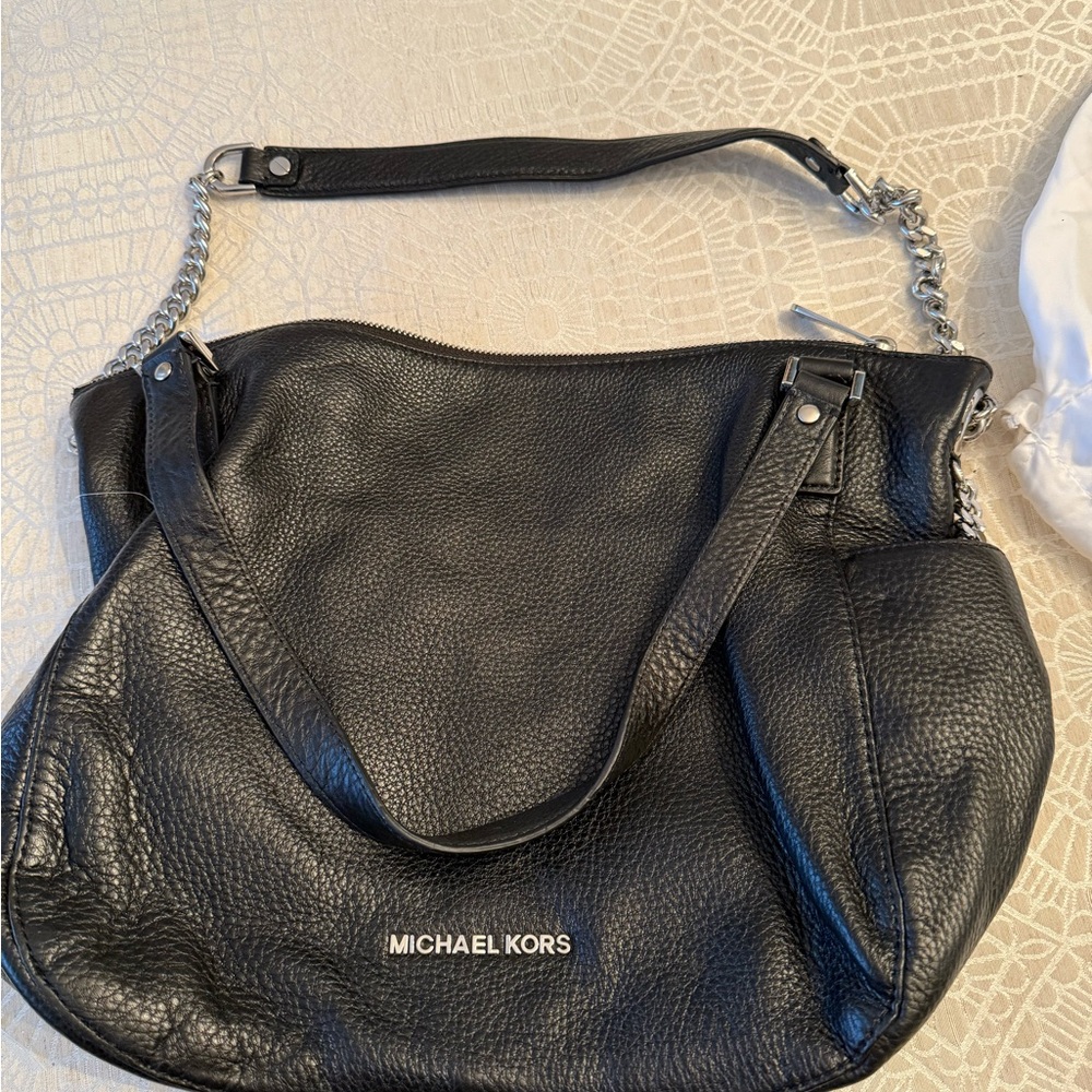 Michael Kors black leather bag with silver chain detail